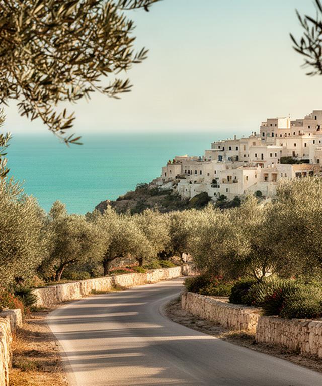Strada costiera vicino a Pulsano in Puglia con ulivi, case chiare e luce del Mediterraneo